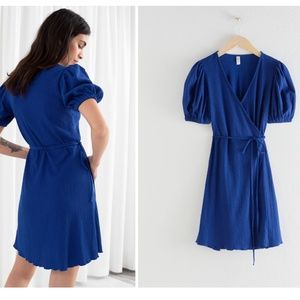 & other stories puff sleeve ribbed mini wrap dress